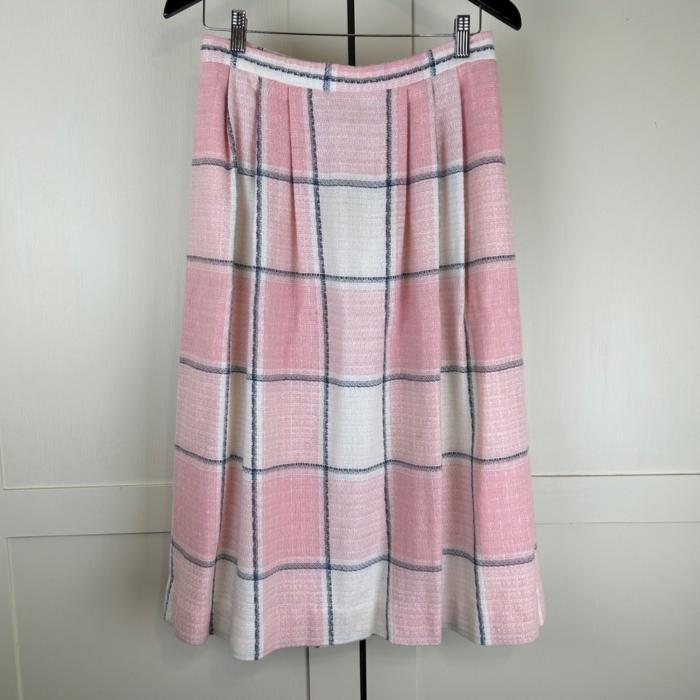 Vintage Koret Career Skirt Womens 16 Pink White Plaid Wool Blend Pleated Midi